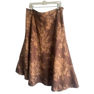 Chaps Ralph Lauren Romantic Cottagecore Linen Skirt Brown & Tan Floral Midi 14